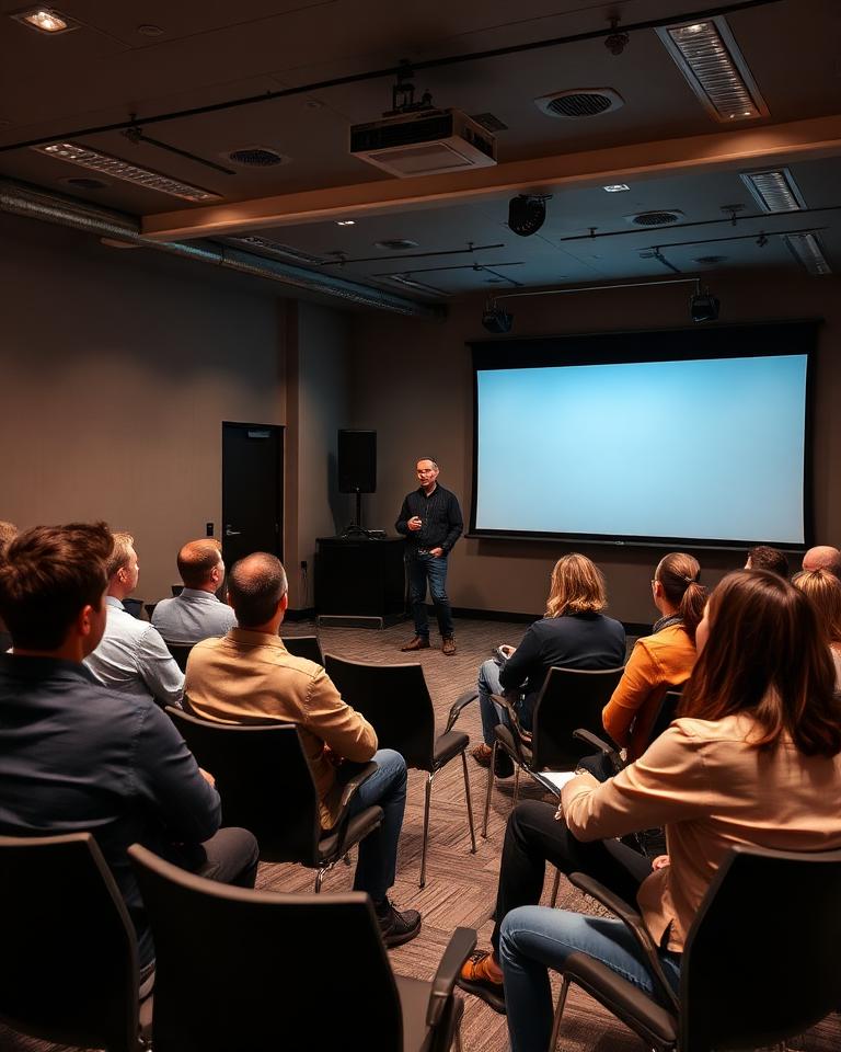 Sala de curso e treinamento com projeção e público
